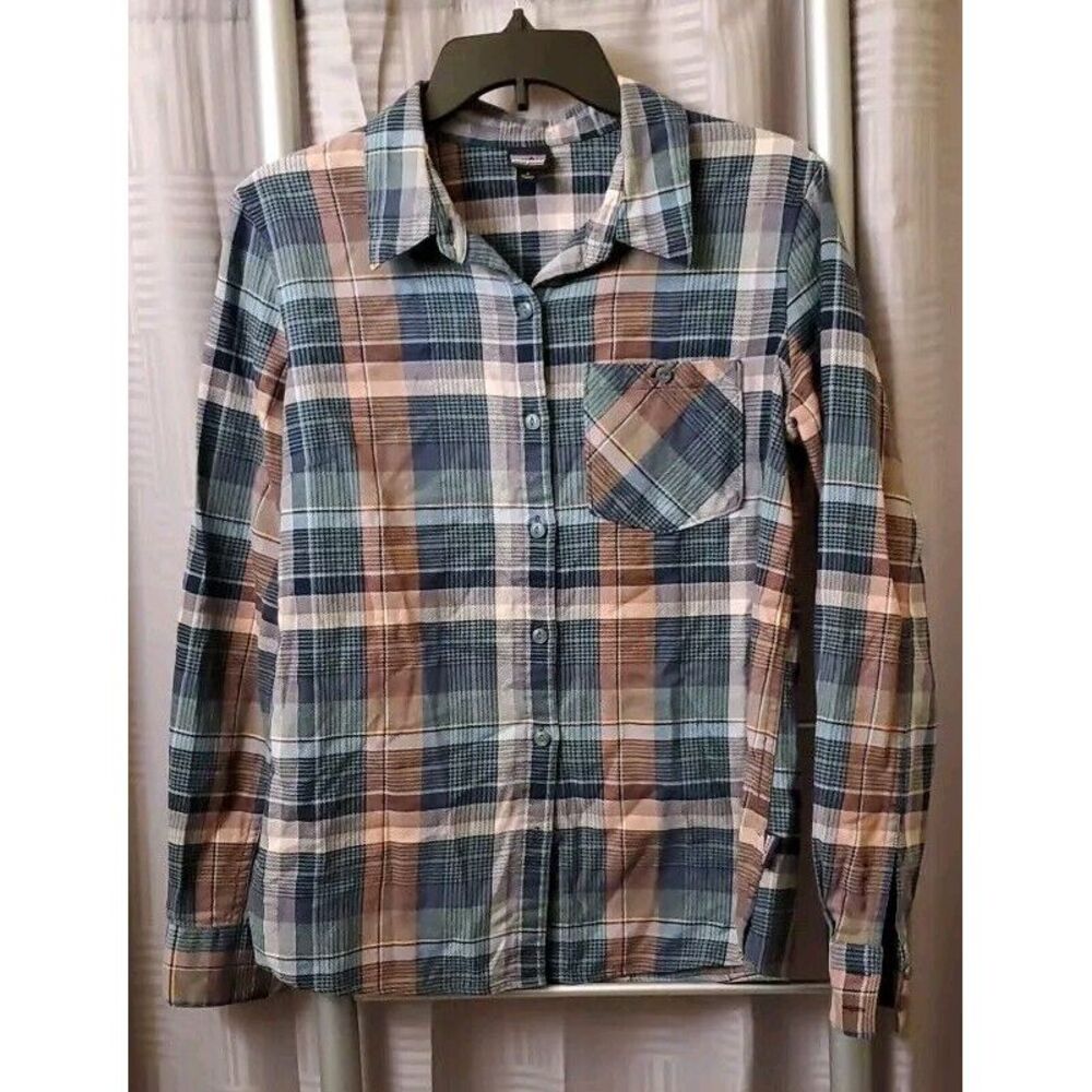 Patagonia Flannel Shirt Womens 4 Blue Green Pink Plaid Outdoor Button Up Top